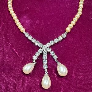 Elegant Golden Glass Pearl & Rhinestone Necklace with Dangling Center